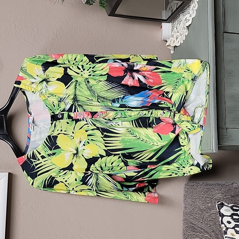 Sportelle Tropical Floral Button-Front Jacket in Neon Green and Black